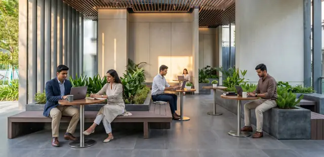 Co-working space with residents working at tables, Assetz Niwa & Neo