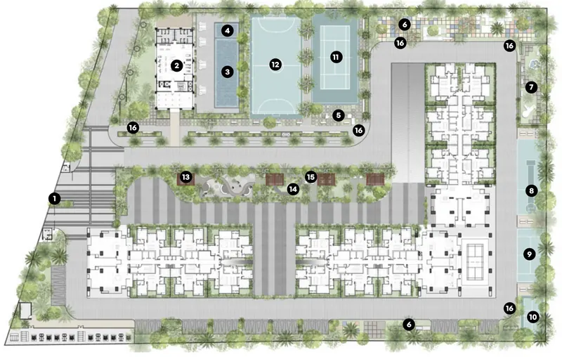 Assetz Niwa & Neo master plan showing clubhouse, pools, sports courts and the three towers