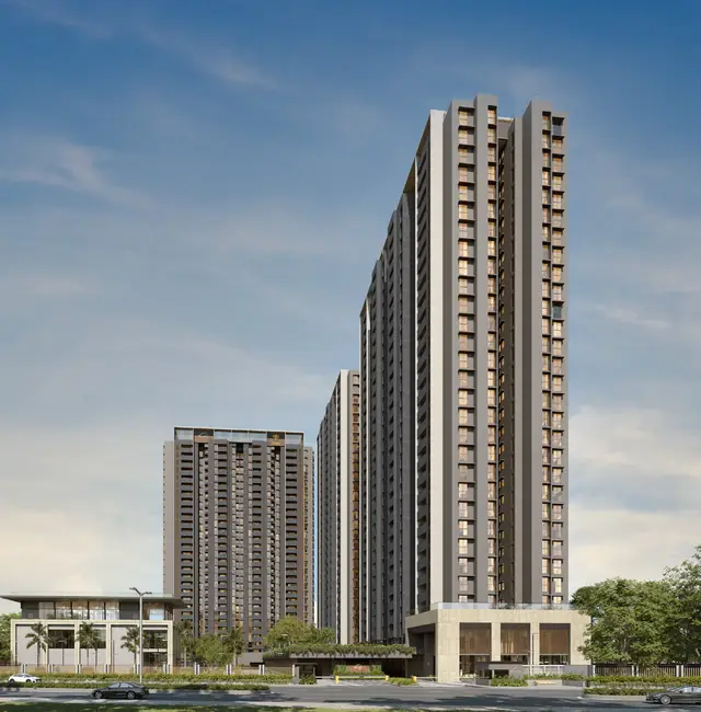 Assetz Aerospace Park apartments – the three residential towers of Assetz Niwa & Neo seen from the road